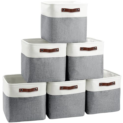 FinishingBo Cube Storage Baskets 6 Pack, 11x11 inch Foldable Cube Storage Bins with Leather Handles for Shelf Closet Nursery Toys (White/ Gray)