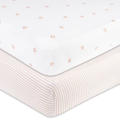 Ely's & Co. Baby Fitted Crib Sheet 100% Combed Jersey Cotton Mauve Tulips + Stripes 2 Pack