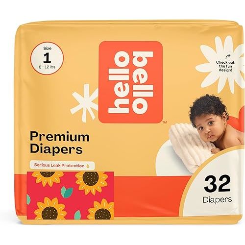 Hello Bello Diapers, Size 1 (8-12 lbs) Flower Child, 32 Count of Premium Disposable Baby Diapers, Hypoallergenic with Soft, Cloth-Like Feel