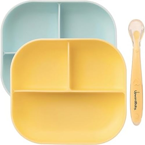 UpwardBaby 2 Pack Baby Plates and Spoon Set - Silicone Divided Suction Plates for Babies, Toddlers & Kids - Less Mess, Portion Food Plates Feeding Set - Non-Slip, Non-Toxic, BPA Free - Blue/Yellow