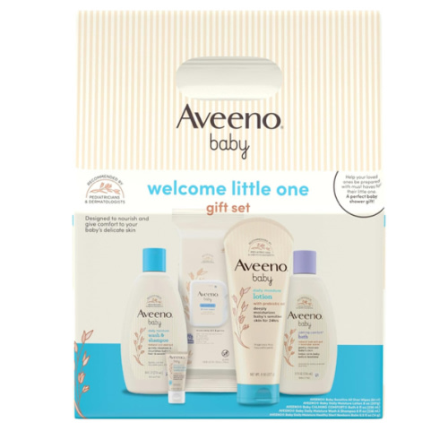 Aveeno Baby Welcome Little One Gift Set, Baby Skincare Set with Nourishing Baby Body Wash & Shampoo, Calming Bath Wash, All Over Baby Wipes, Daily Moisturizing Lotion, & Baby Balm, 5 Items