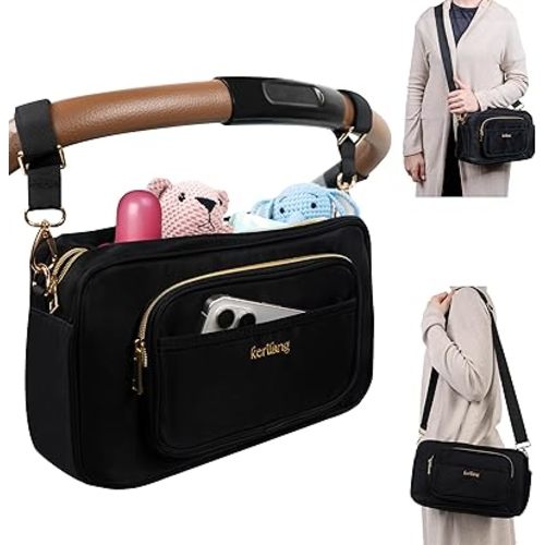 Universal Stroller Caddy with Cup Holder, Wipes Pocket, Small Diaper Bag, Waterproof Baby Travel Bag & Parent Sling Stroller Organizer