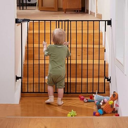 Babelio 34" Extra Tall Baby/Dog Gate with No Threshold Design Walk Thru Door, 26-43" Auto Close Safety Gate for Babies, Elders and Pets, Fits Doorways, Stairs, and Entryways, Black