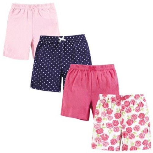 Hudson Baby Infant Girl Shorts Bottoms 4-Pack, Pink Roses, 3-6 Months