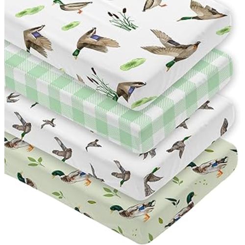 4 Pack Mallard Duck Baby Crib Sheet for Girl or Boys, Green Gingham Fitted Crib Sheet Soft Breathable, Mallard Duck Nursery Decor for Standard Mattresses Gift Set 28 x 52 in