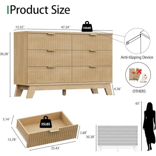 Fluted Dresser for Bedroom with 6 Drawers, 48" Wide Modern Chest of Drawers with Metal Handle, Wooden Dresser TV Stand, Wood Closet Clothes Storage Organizer for Living Room, Hallway, Natural Oak