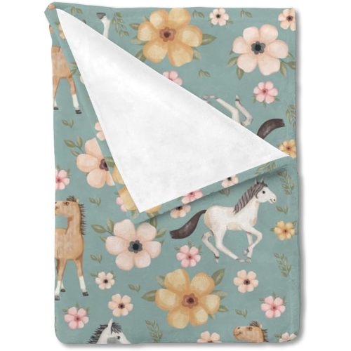 Watercolor Horse Floral Baby Blankets for Girls Boys Gift Cute Horses Boho Retro Flowers Swaddle Blanket Soft Flannel Receiving Throw Newborn Nursery Toddler Bed Blanket Playmat Crib Cover 30x40 - 30x40 inch - Green