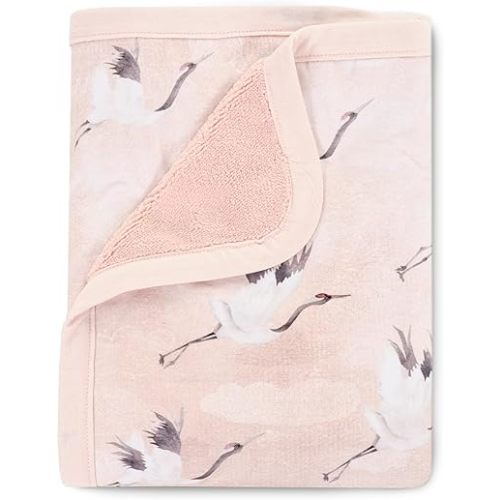 Oilo Baby Blanket, Luxury Soft Plush Backing & 100% Turkish Cotton Jersey Print, Double Layered, 30" x 40", Rolled Jersey Edge Trim, Machine Washable, Perfect for Infant or Toddlers, Pink Crane Birds