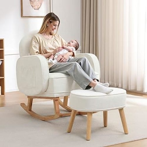 Rocking Chair with Ottoman, Upholstered Glider Rocker with High Backrest and Side Pocket, Comfy Chenille Reading Chair with Solid Wood Legs for Nursery, Living Room,Bedroom Beige