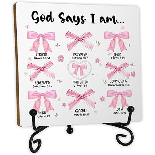 God Says I Am Christian Wooden Desk Sign, Coquette Pink Bow Bible Verse Religious Wood Plaque With Stand for Home Office Girls Bedroom Dorm Desk Tabletop Shelf Decor