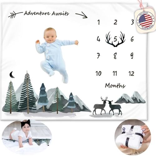 Milestone Blanket for Baby Boy – Monthly Baby Blanket, Growth Tracker for Newborn, Woodland Nursery Decor, Mountain Adventure Theme, Includes Felt Frame, 50x40 Inches
