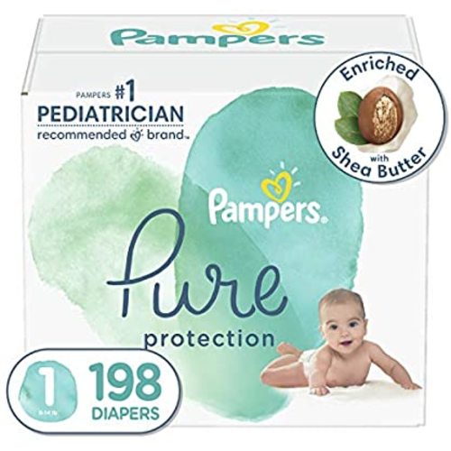 Diapers Size 1, 198 Count - Pampers Pure Protection Disposable Baby Diapers, Hypoallergenic and Unscented Protection, ONE Month Supply (Packaging May Vary) - Size 2 (186 Count)