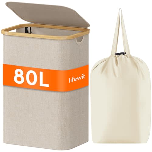 Lifewit 80L Laundry Basket with Lid, Clothes Hampers for Laundry with Bamboo Handles and A Removable Laundry Bag, Large Foldable Laundry Hamper for Bedroom, Bathroom, Dorm, Laundry Room, Beige