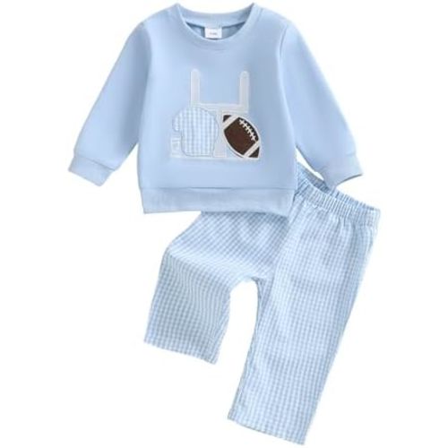 Toddler Baby Boy Rugby Outfit Long Sleeve Smocked Sweatshirt Tops Gingham Plaid Pants Two Piece Football Clothes