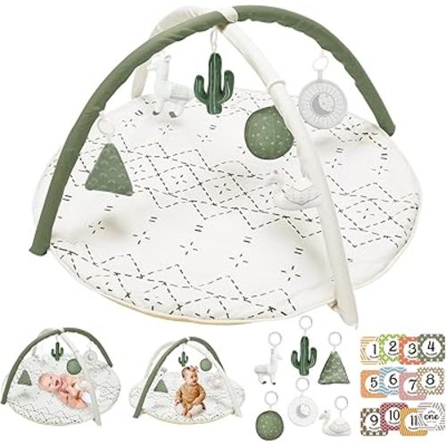 Tummy Time Mat with 6 Toys, Macrame Baby Play Mat for Newborn, Baby Gym with 12 Milestone Cards, Stage-Based Sensory and Motor Skill Development Baby Play Gym, Non Slip Mat Washable, Green