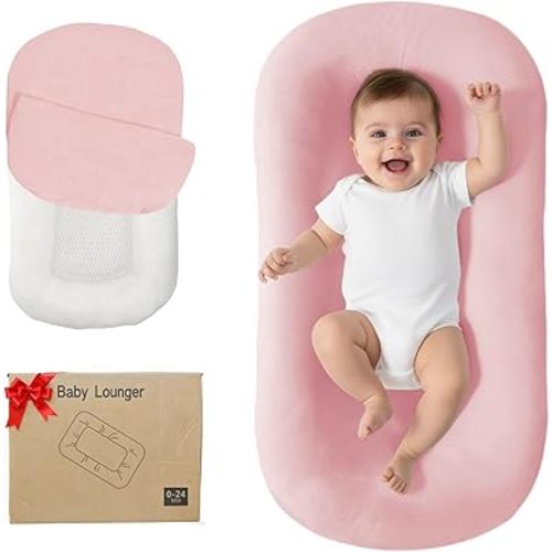 Lucakuins Baby Lounger, Bionic Design Baby Lounger for Newborn 0-24 Months, Soft Organic Cotton Breathable Lounger for Infants (Pink Newborn Lounger)