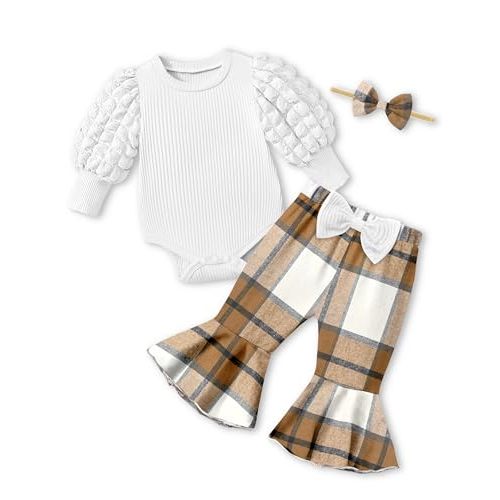 NAPU Baby Girl Clothes Long Sleeve Romper 3Pcs Baby Girl Outfits Flare Pants Set with Headband Fall Baby Girl Winter Clothes