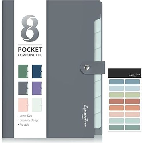 Sooez Elegant Accordion File Organizer with Labels, 8 Pocket Expanding File Folder, Portable Folders for Documents, Cute Paper Organizer for School Office Supplies, Letter Size, Grey