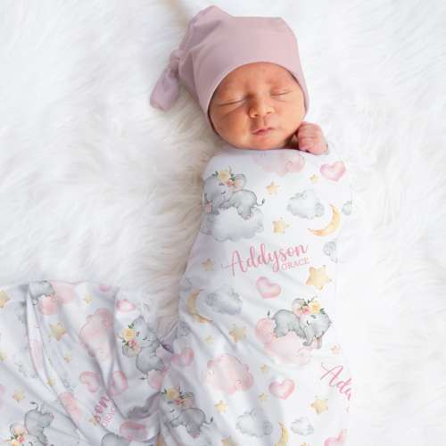 Personalized Elephant Swaddle Blanket Moon Name Baby Blanket Newborn Baby Girl Coming Home Outfit Hospital Photo Outfit Baby Shower Gift