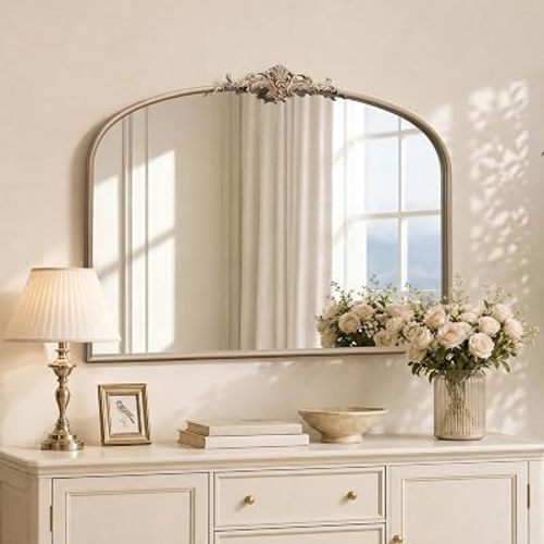 Arched Vintage Gold Mirror: 40"x29" French Large Champagne Antique Wall Vanity Mirror - Decorative Baroque Traditional Ornate for Fireplace/Bathroom/Entryway - Ideal for Home Renovations