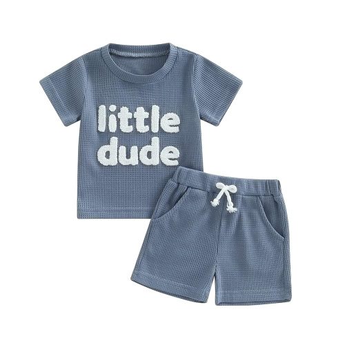 Kupretty Toddler Baby Boy Summer Clothes Embroiderey Waffle Knit Short Sleeve T-Shirt Tees + Casual Shorts Cute Clothing Set