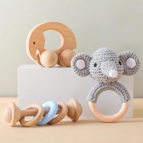 3 Piece Wooden Baby Toys - Elephant
