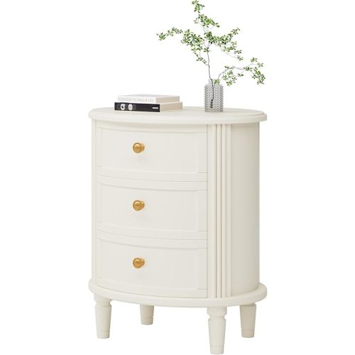 LITTLE TREE No Assembly Nightstand with 3 Drawers, Farmhouse Off-White Bedside Table for Bedroom, All Wooden Oval Nightstand with Storage