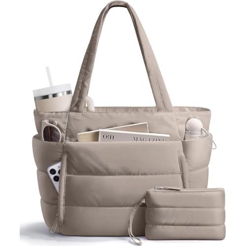 Puffer Tote Bag for Women, Lightweight Puffy Work Handbag Teacher Nurse Quilted Shoulder Bag for School Travel Gym