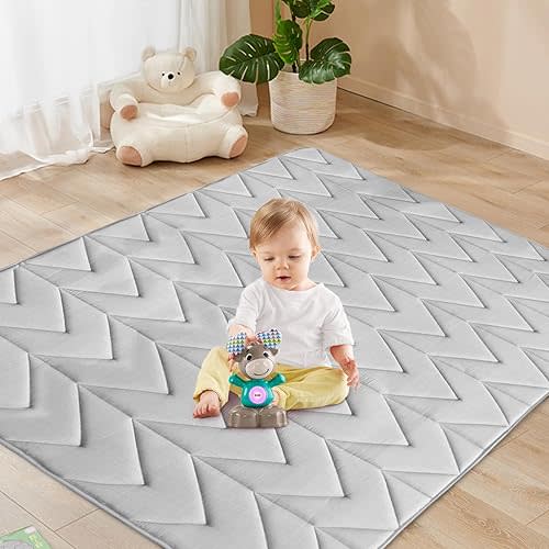 Foam Play Mat 50×50, Muslin Kids Play Mat Fits for Dripex & Suposeu Playpen, One-Piece Crawling Mat for Baby & Toddler to Play on Floor, Non Slip, Grey