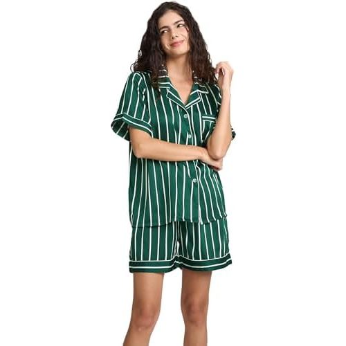 Womens Silk Satin Shorts Pajamas Set Button Down 2 Piece Pjs Short Sleeve Oversized Sleepwear with Pockets