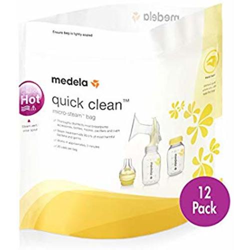 Medela Quick Clean Micro-Steam Bags, 12Count Sterilizing Bags for Bottles & Breast Pump Parts, Eliminates 99.9% of Common Bacteria & Germs, Disinfects Most Breastpump Accessories - 12 Pack