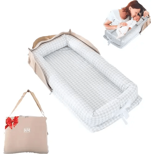 Baby Lounger for Newborn Portable Bag,Baby Nest Play Gym mat with Strap,Newborn Lounger Adjustable Size & Inner Zipper Lengthen Space to 24 Months(Gray Thousand Bird Check)