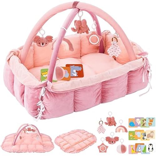 5-in-1 Plush Baby Play Gym, Baby Play Mats, Convertible Baby Gym, Tummy time mat, 6 Sensory Toys, Activity Center, Ball Pit, Pink