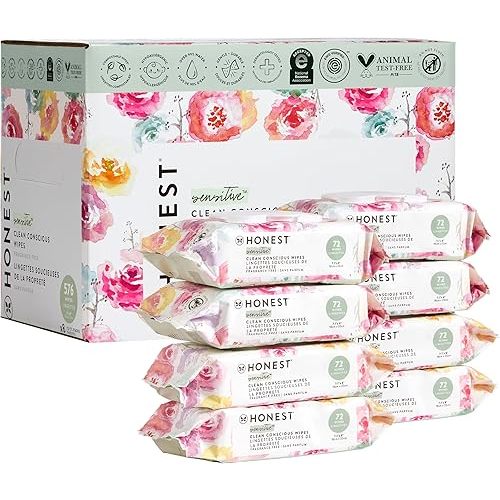 The Honest Company Clean Conscious Unscented Wipes | Over 99% Water, Compostable, Plant-Based, Baby Wipes | Hypoallergenic for Sensitive Skin, EWG Verified | Rose Blossom, 576 Count