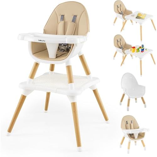 HONEY JOY Baby High Chair, 5-in-1 Convertible Wooden Highchair for Babies and Toddlers/Table and Chairs Set/Toddler Chair with Safety Harness, 4-Position Removable Feeding Tray(Khaki)