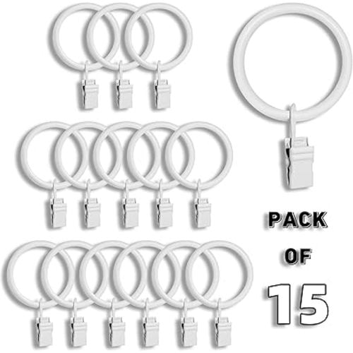 TRMESIA Curtain Rings with Clips White 15 Pack,1.5" Inner Diameter of Metal Clips Ring,Suitable for 1" to1.25 Curtain Rod, Curtain Wire Hooks Hanging Eyelet Rings with Clips Strong Load-Bearing