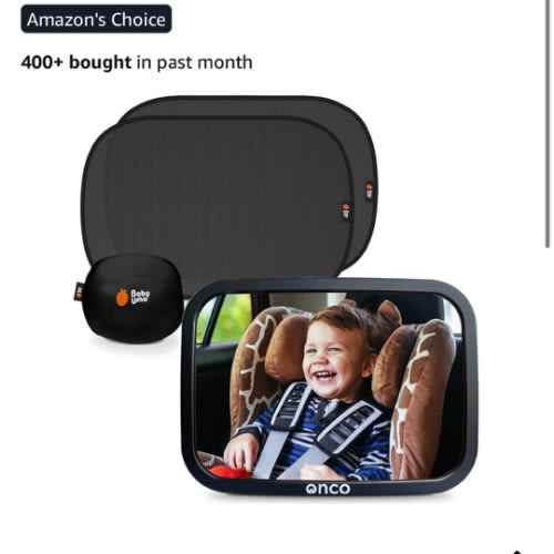 Onco Baby Car Mirror & Car Window Shades Bundle (18.9″ × 12″) - UPF 50+ Window Shade, 100% Shatter-Proof Car Mirror for Baby, Universal Shades & Mirror