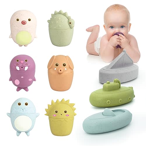 Mold Free Silicone Bath Toys, 9 PCS Baby Bath Toy for Infants 6-12 Months, Soft Chewable Teething Bathtub Toy w/ Water Pouring Games & Floating Games, Early Educational Learning Toy for Boys & Girls