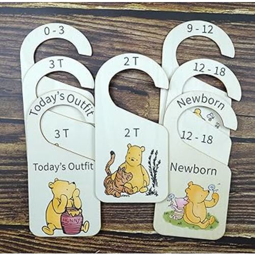 11pcs Winnie Wooden Baby Closet Dividers | Double-Sided Newborn to 4T Baby Clothes Dividers for Closet | Nursery Decor Hanger Size Organizer, Colored
