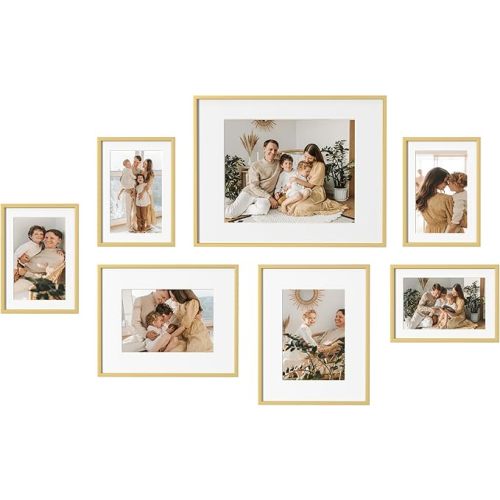 eletecpro Aluminum Gallery Wall Frame Set of 7 with Glass Cover, Including 1Pc 11x14, 2Pcs 8x10, 4Pcs 5x7, Multi-sized Gold Metal Collage Picture Frames Decor for Wall Mount or Tabletop, Gold