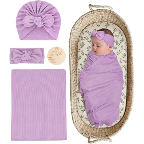 Stretchy Baby Swaddle Blanket and Headband Set, Newborn Receiving Blankets with Matching Hat for Nursery Swaddle Wrap
