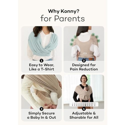 Konny Baby Carrier Flex Elastech Premium Material - Adjustable, Easy to Wear and Wrap Baby Sling, Perfect for Newborn Babies Essentials up to 44 lbs(M-4XL) - Charcoal