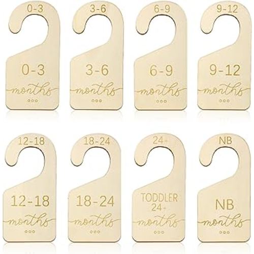 8pcs Baby Clothes Dividers, Wooden Infant Closet Dividers Hangers Lovely Size Closet Organizer from New Born to Toddler Nursery Closet Dividers for Girls Boys Wardrobe