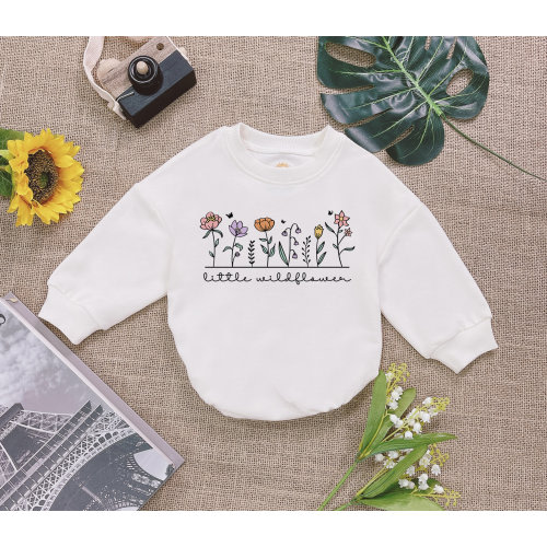 Little Wildflower Baby Romper Sweatshirt, Boho Baby Bodysuit, Floral Baby Romper, Newborn Outfit