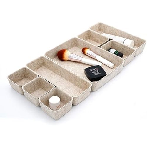 Welaxy desk drawer organizers bin trays dividers small shallow felt storage box sturdy office suppliers closet cabinet makeup crafts pens 8-piece (Oatmeal)