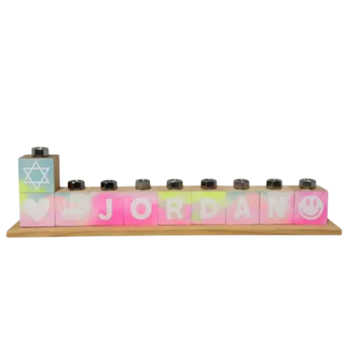 Name Block Menorah Pink Tie Dye - Purple Pumpkin Gifts