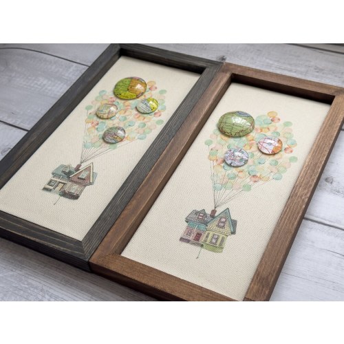 Up House with Balloons and Map, Pixar Art, UP Inspiration Wall Art, 6 x 12 Framed, Heart Decor, Custom Gifts, Paradise Falls, Watercolor Art