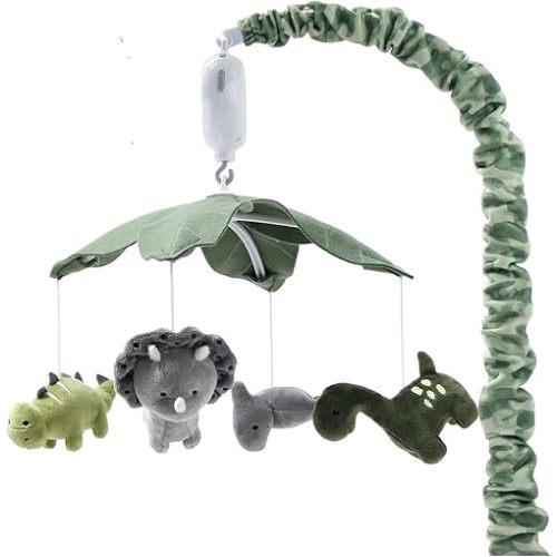 The Peanutshell Crib Mobile for Boys or Girls - Grey and Green Camo Musical Baby Crib Mobile with 12 Lullabies, Dino Baby Mobile Crib Dinosaur Nursery Decor