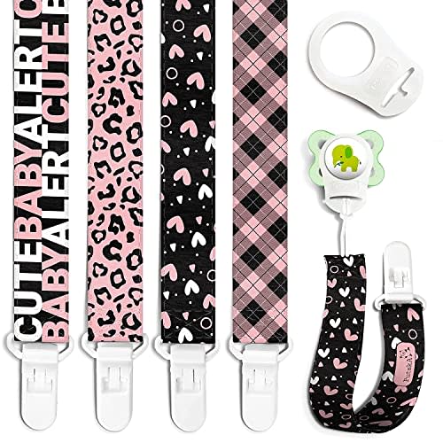PUTSKA Girls Pacifier Clip - 4 Pack Girl Paci Holder Set of Unique Modern Design. Binky Clip Fits All Pacifiers/Soothers. Baby Girls Pacifier Clips Teether Holder