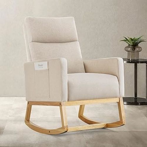 Rocking Chair Nursery, Modern Upholstered Glider Rocker Chairs with Wood Legs and Side Pockets Comfy High Back Nursing Armchair for Small Spaces Indoor Living Room Bedroom Beige